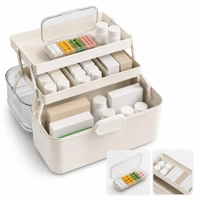 Produktbild von Medikamentenbox Organizer 3 Ebenen, große Erste Hilfe Box mit Fächern und tragbarem Griff, transparente Aufbewahrungsbox für Zuhause und Reise