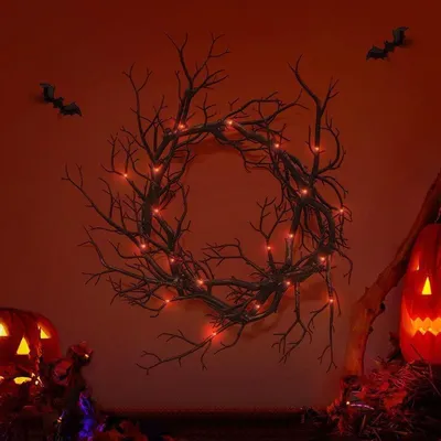 Zdjęcie produktu dla Wianek na Halloween z czarnymi gałązkami na drzwi wejściowe z czerwonymi światłami, czarny wieniec, dekoracja na Halloween na ścianę okna na imprezę