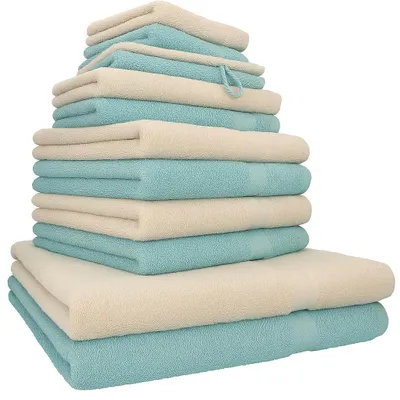Produktbild von Betz 12-tlg. Handtuch-Set PREMIUM 2 Duschtücher 4 Handtücher 2 Gästetücher 2 Seiftücher 2 Waschhandschuhe  Farbe: sand / ocean