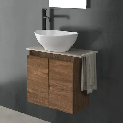 Produktbild von Alpenberger Aufsatzwaschbecken mit Unterschrank hängend, Keramikplatte 65cm, Kompletter Waschplatz aus Keramik & MDF/MFC, platzsparendes WC Waschbecken mit Unterschrank für Bad & Gäste-WC