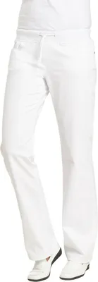 A person wearing white pants and white shoes, shown from the waist down.