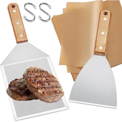 Obrázok produktu pre Sada grilovacích špachtlí z nehrdzavejúcej ocele, 2 kusy, s papierom na burgery a háčikmi