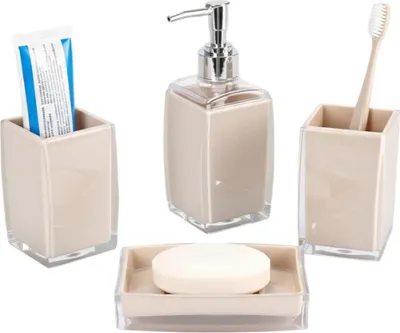 Image de Set d'accessoires de salle de bain 4 pièces, distributeur de savon, porte-brosse à dents, coupelle & organiseur Beige