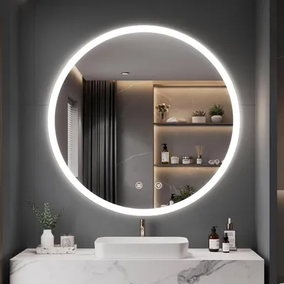 Produktbild von 70cm Badspiegel Rund mit LED Beleuchtung Wandspiegel, Rahmen Antibeschlag Badspiegel, 3 Lichtfarben Dimmbare, Touchschalter, Memory Funktion