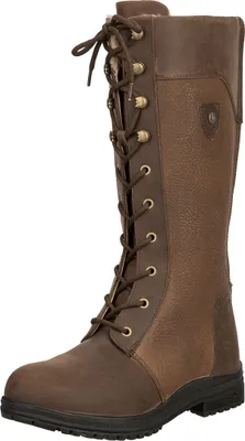A single brown leather boot on a white background.