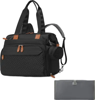 Image de Sac à langer ASKSA Baby Grand avec sac à tétines et matelas à langer Sac à couches de voyage multifonctionnel pour maman et papa, Noir