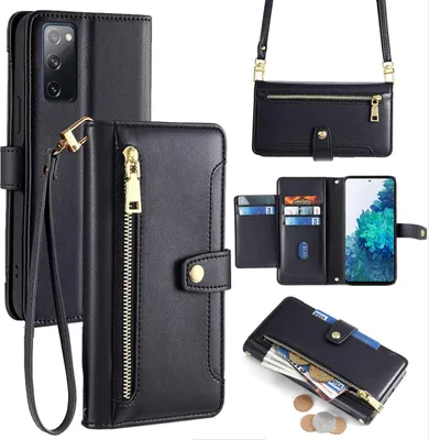 Produktbild von Handykette Samsung Hülle mit Band Handyhülle Kartenfächer Kunstleder Umhängetasche Galaxy S20 FE Schwarz