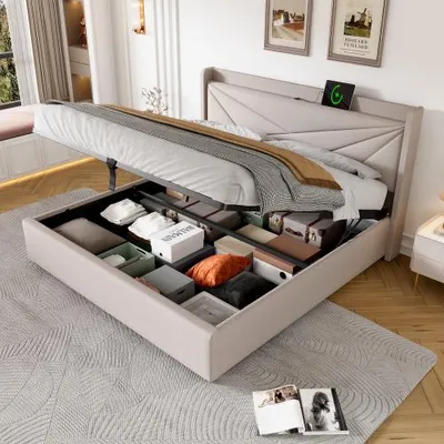 Produktbild von Doppelbett mit Stauraum aus Leinen, integrierte USB-C Ladefunktion, ideal für Jugendliche und Erwachsene, 180x200 cm, Beige