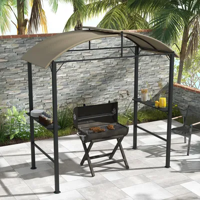 Produktbild von Grillpavillon mit Rauchabzug, Gartenpavillon Stahlrahmen, 2 Seitenablagen, 7 Haken, Khaki | 233x110x235 cm | Polyesterdach | 23,5 kg