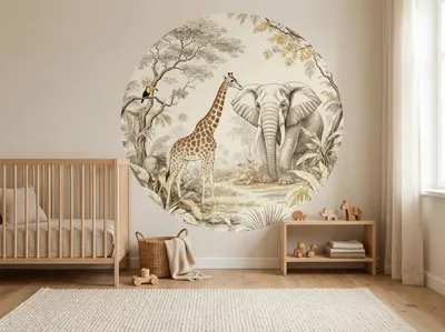 Zdjęcie produktu dla Naklejka ścienna Little Livo „Zwierzęta z dżungli” – okrągła, średnica 120 cm – bez PVC – samoprzylepna dekoracja do pokoju dziecięcego