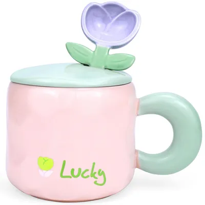 Obrázek produktu pro Sada dvou hrnků s podšálky, objem 450 ml, růžová barva, motiv tulipánu, keramika