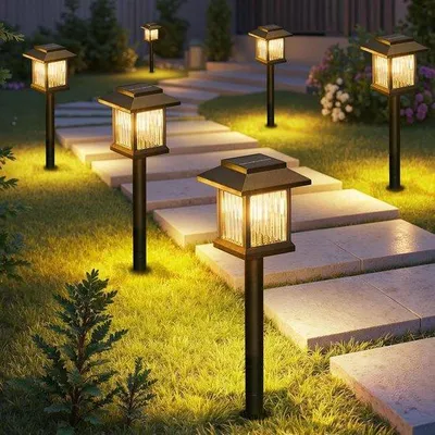 Immagine prodotto di Set di 6 faretti solari da esterno con luci dai toni caldi e struttura in vetro trasparente - Illuminazione per interni ed esterni, ideale per giardini e terrazze