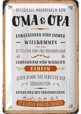 Produktbild von LANOLU Retro Blechschild Geschenk für Oma und Opa Pension Hotel lustige HAUSREGELN Metallschild Sprüche Geschenk für Großeltern 20x30 cm