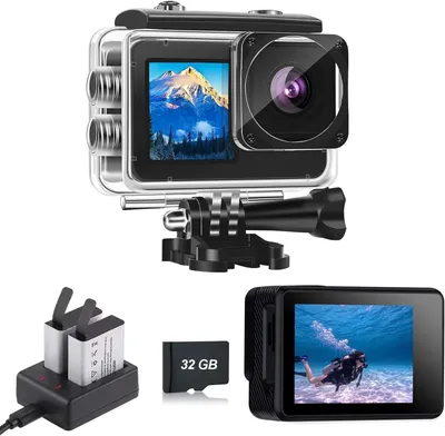 Image de Caméra d'action à double écran – étanche jusqu'à 40 mètres – avec 2 batteries de 1050 mAh – incluant une carte mémoire de 32 Go