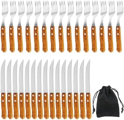 Produktbild von PromoHome® 30-teiliges Steakbesteck-Set mit Holzgriffen – 15 Steakmesser und 15 Steakgabeln, braun