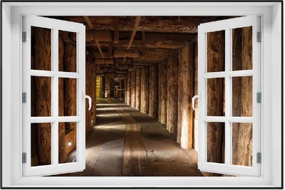 Produktbild von Wallario Wandbild mit Fenster-Illusion: Alter Tunnel in einer Salzmine in Polen, Größe: 61 x 91,5 cm, Poster mit schwarzem Aluminiumrahmen