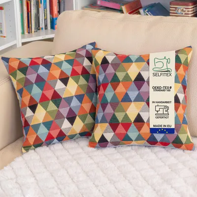 Produktbild von Selfitex 2er Set Bunte Couchkissen, Sofakissen mit Füllung und Bezug, weiches Kopfkissen, dekoratives Dekokissen, Größe: 40x40, Muster: Dreieck