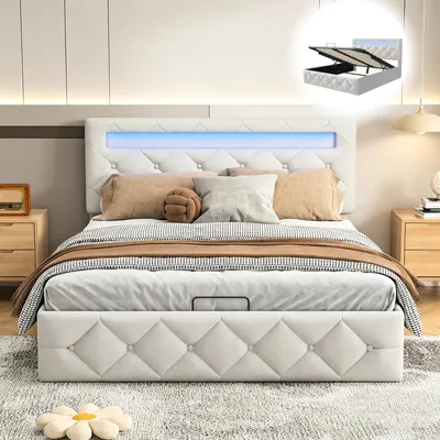 Obrázek produktu pro Postel s pružinovou základnou INONEFT, rozměr 140x200 cm, s LED osvětlením, čalouněná, s hydraulickým úložným prostorem, vhodná pro mládež, s roštem a úložným boxem, potah z veluru, barva béžová.