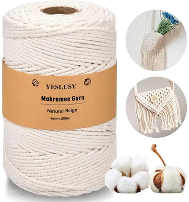 Imagen del producto de TRANKIELO® - Hilo de macramé premium, 4 mm x 200 m - Suave, resistente y biodegradable, ideal para manualidades y decoración bohemia