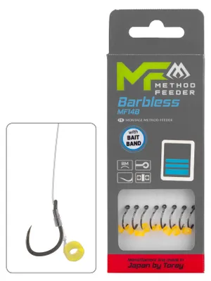 Produktbild von 8x 10cm MIKADO METHOD FEEDER MF14 BARBLESS Haken Rig`s mit Bait Band Schonhaken #10 / 0,20mm