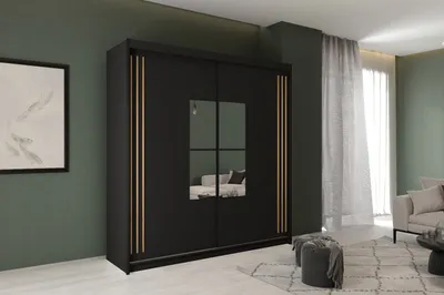 Produktbild von Kleiderschrank JAMAJKA 203 cm Schiebetürenschrank mit Spiegel Schwarz + Wotan Lamellen