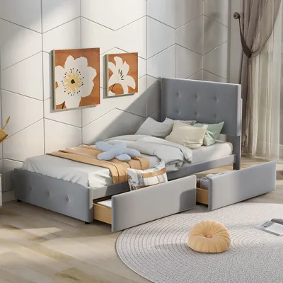 Produktbild von Merax Polsterbett 90x200cm mit höhenverstellbarem Kopfteil, Holzbett Einzelbett mit zwei Schubladen und Lattenrost, Samt Jugendbett Kinderbett, Grau