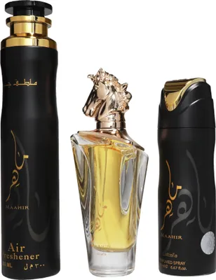 Zdjęcie produktu dla Maahir zestaw woda perfumowana spray 100ml + dezodorant spray 200ml + odświeżacz powietrza 300ml