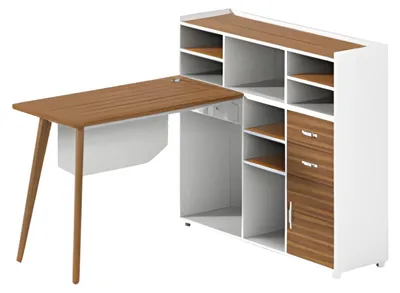 Image de Bureau en bois et blanc avec des compartiments de rangement ouverts et des pieds élégants
