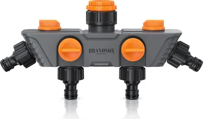 Produktbild von Brandson 4-Wege Verteiler, Wasserverteiler Gartenschlauch, 4-fach Schlauchverteiler, Gartenschlauch Wasserverteiler, 3/4 1/2 Zoll, (2-tlg), Regulierbarer 45° Wasserhahn Schlauch Verteiler für Gartenbewässerung