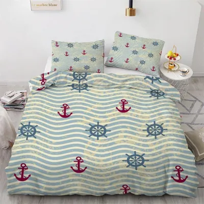 Zdjęcie produktu dla Komplet pościeli 155x220 cm, 3-częściowy, z mikrofibry, wzór kotwica. Dwustronna pościel z zamkiem błyskawicznym