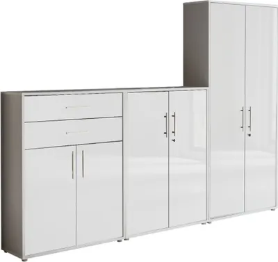 Produktbild von Aktenschrank TABOR 55 in lichtgrau / weiß Hochglanz, Schrankwand, Büroschrank, abschließbar, Metallgriffe
