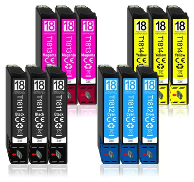 A collection of printer ink cartridges arranged in rows on a white background.