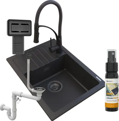 Produktbild von Granitan | GranitSpüle - Spülbecken 1-Kammer - 62x44 cm - Rechteckig - Schwarz - mit Küchenarmatur - mit Abtropffläche - ARGOS