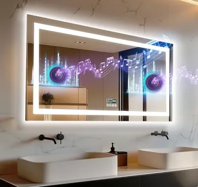 Produktbild von Luvodi Badezimmerspiegel Bluetooth, 120 x 60 cm, beleuchtete Wanduhr, Lichtspiegel, kosmetischer Flur dimmbar, 3 Farbtemperaturen, Anti-Fog,