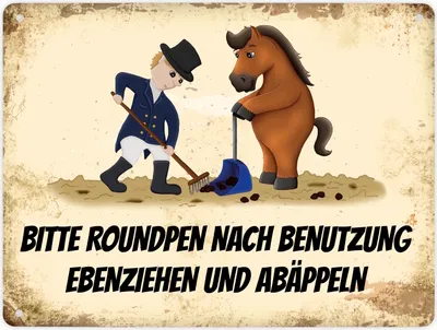 Produktbild von Metallschild XL mit Pferd und Reiter Motiv und Spruch: Bitte Roundpen nach