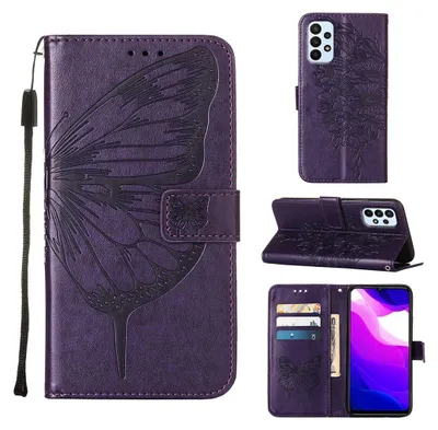 A collage of images showing a purple butterfly-embossed flip leather phone case for a Samsung Galaxy A23.