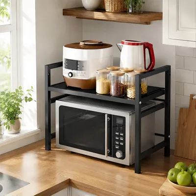 Produktbild von Mikrowellenhalterung mit Stauraum – ausziehbar und höhenverstellbar – stabiles Küchenregal für Mikrowelle Schwarz L64xB36xH46cm /WB/