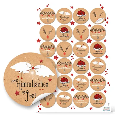 24 runde Weihnachtssticker, rot/weiß/natur/schwarz, 4 cm