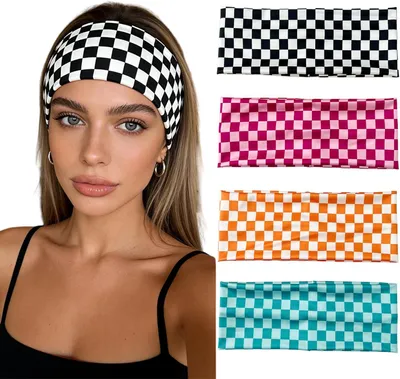 Produktbild von Damen-Haarbänder, 4 Stück mit Schachbrettmuster, elastische und rutschfeste Stirnbänder, weiche breite Haarbänder für Yoga und Alltag