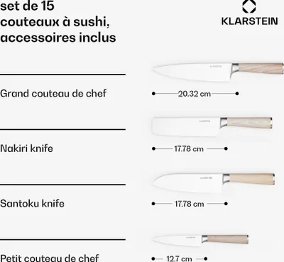 Image de Klarstein Shibui Kit Sushi Complet 15 Pièces - Ensemble Premium avec Couteaux en Acier Inoxydable, Nattes en Bambou & Accessoires, Bazooka Sushi pour Débutants & Pros