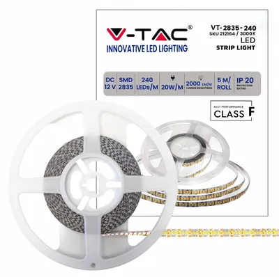 Immagine prodotto di V-TAC Striscia 1200LED strip led 12V 20W/m SMD2835 5M Alta luminosità 2000lm/m 3000K IP20 sku 212164
