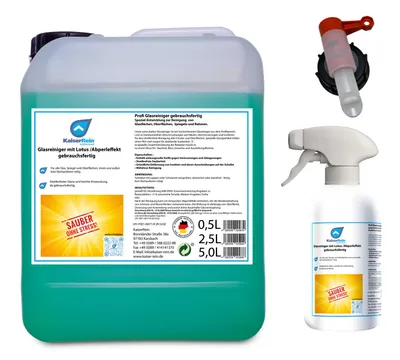 Produktbild von Profi Glasreiniger mit Lotuseffekt Spray 0,5 L Leerflasche + 5 L Kanister + Hahn