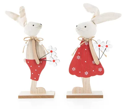 Produktbild von Osterhasen Paar Ostern Deko Hase Holz Mann Frau rot 22 cm