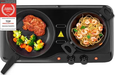 Produktbild von TZS First Austria Infrarot Kochplatte doppelt, elektrisch, Glaskeramik Kochplatte mit Infrarot-Wärme, 2000W, Stufenloser Temperaturregelung, mobile Kochplatte, 19/16,5 cm, schwarz