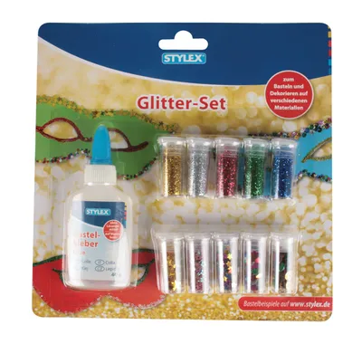 Produktbild von Glitter Set / bestehend aus Kleber + je 5 Döschen Glitterpulver + Streudeko