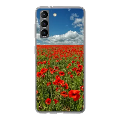 Produktbild von MuchoWow® Handyhülle Schutzhülle Hülle für Samsung Galaxy S21 Schneeweiße Wolken über einem Mohnblumenfeld Silikon Softcase Handy Hülle - Softcase