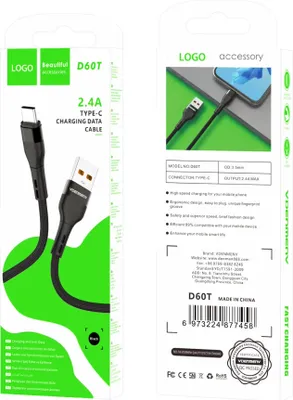 Zdjęcie produktu dla Kabel Usb Typ-C Denmen Czarny Usb-C 2.4A Qc3.0 D60T-B