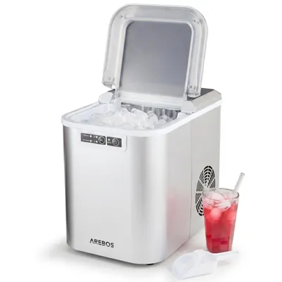 Obrázek produktu pro Stroj na výrobu ledu Arebos Ice Cube Maker se dvěma velikostmi kostek ledu, tichým chodem, funkcí samočištění a velkou nádržkou na vodu o objemu 2,2 litru, stříbrná barva