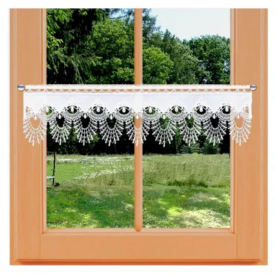 Produktbild von Scheibengardine Nastja aus Vogtländischer Spitze - Landhaus-Scheibenhänger mit Fächerspitze weiß | handgefertigte Spitzengardine | rustikal-moderne Bistro-Gardine HxB 20 x 67 cm
