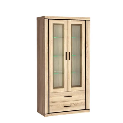 Produktbild von Bettso -Vitrine, Höhe Kommode mit Glas, skandinavischer Stil für Wohnzimmer mit 2 Türen und 2 Schubladen -DALLAS D-17 Sonoma